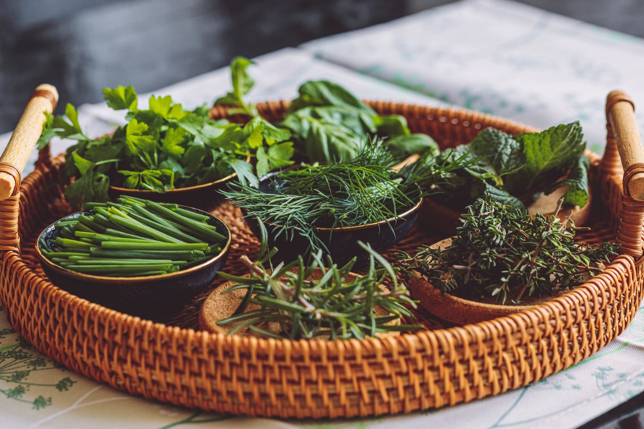 Fresh green herbs and spices arranged on a dark surface